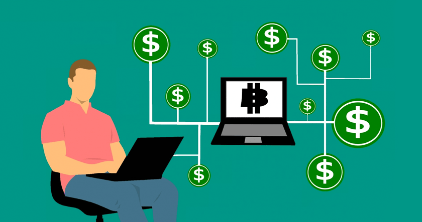 Man on laptop surrounded by dollars