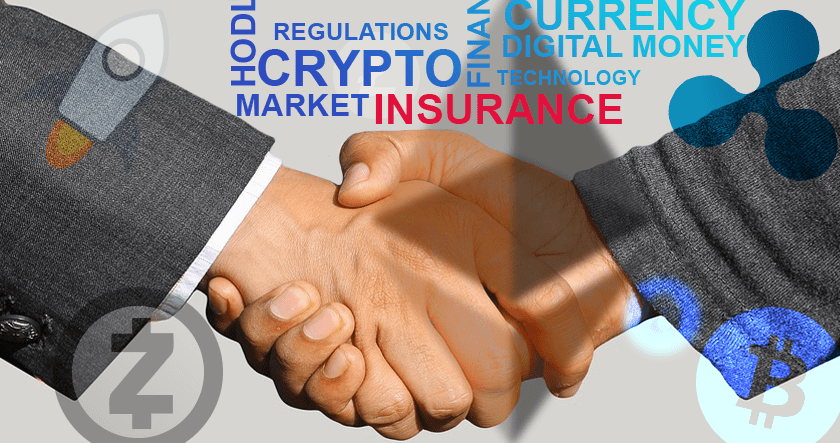 Handshake, crypto logos, and insurance text