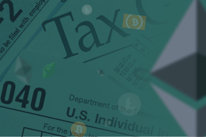 Cryptocurrency logos and tax forms