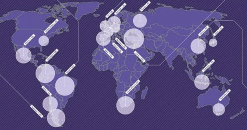 A world map with several large and small white circles highlighting various regions across different continents.