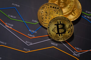 Gold bitcoin on financial charts for cryptocurrency prices