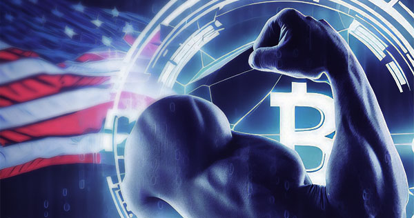 A muscular arm flexing in front of a digital Bitcoin symbol with a partial American flag in the background.