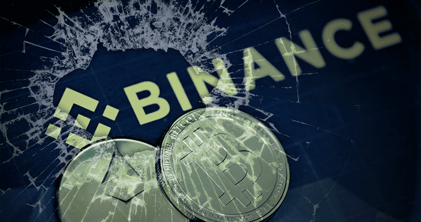 A cracked glass overlays the Binance logo with Ethereum and Bitcoin coins in the foreground, suggesting trouble or crisis for the cryptocurrency exchange.