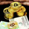 Bitcoin and dollar bills