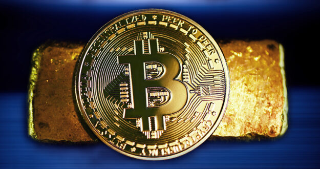 Bitcoin and gold bar