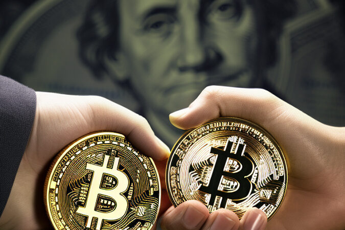Two Bitcoin tokens in hand