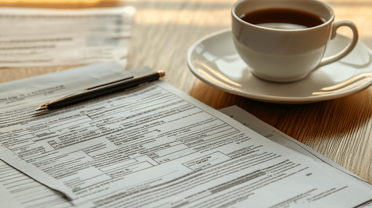 A stack of tax forms and a pen rest on a wooden table next to a white cup of coffee on a saucer. Sunlight shines on the surface.