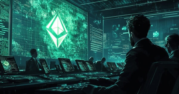 People sit at workstations with multiple screens displaying data, facing a large digital display featuring the Ethereum logo in a high-tech control room.