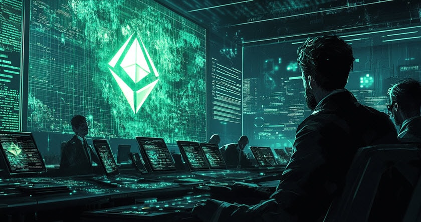People sit at workstations with multiple screens displaying data, facing a large digital display featuring the Ethereum logo in a high-tech control room.