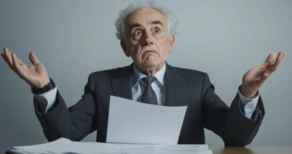 An older man in a suit sits at a desk holding papers, shrugging with both hands raised, appearing confused or uncertain.