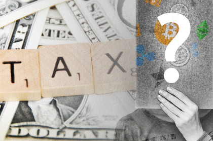 Scrabble tiles spelling "TAX" on US dollar bills, with a person holding a question mark sign over their face and cryptocurrency symbols in the background.