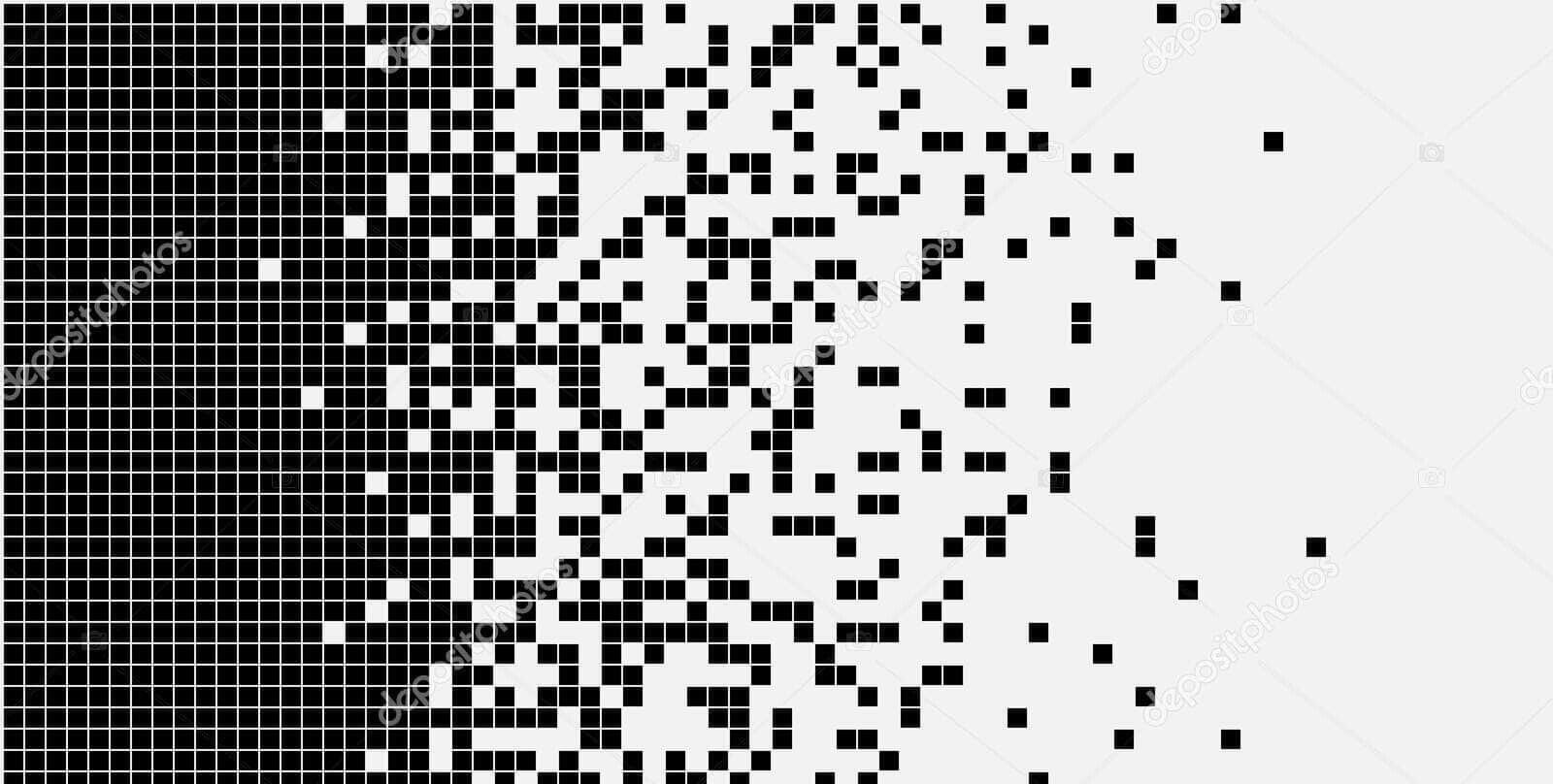 A dense grid of black squares on the left gradually disperses into scattered individual squares on a white background to the right.