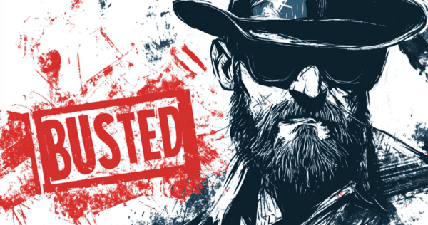 Illustration of a bearded man in sunglasses and a hat, with a red 