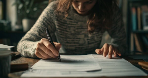 A person wearing a sweater sits at a desk and fills out paperwork with a pen, surrounded by documents and office supplies.