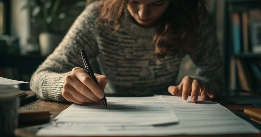 A person wearing a sweater sits at a desk and fills out paperwork with a pen, surrounded by documents and office supplies.
