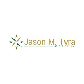 Logo with a green and gold starburst design on the left, and text on the right reading Jason M. Tyra C P A P L L C in green and gold. A green line runs above the smaller text.