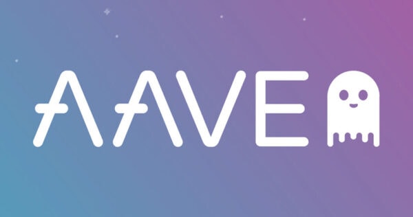 The AAVE logo on a blue to purple gradient background, with the last letter represented as a ghost icon.