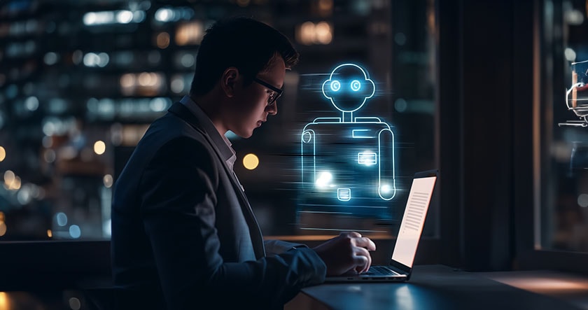 A man in glasses works on a laptop at night in a city office, with a glowing robot hologram projected beside him.