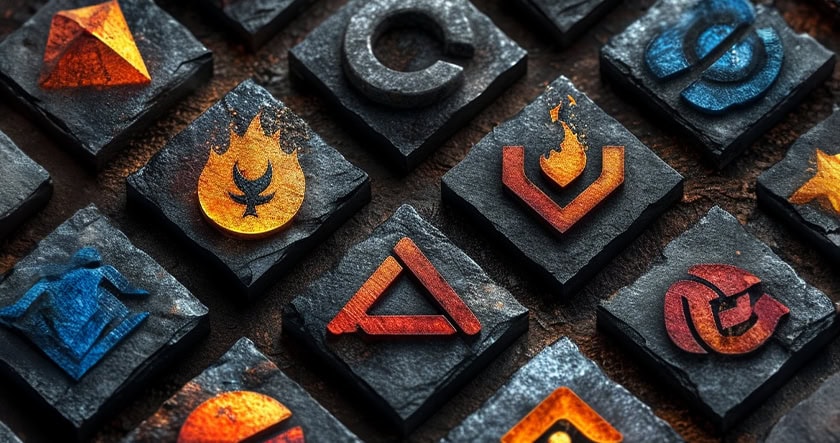 Rows of square, dark stone tiles with glowing, colorful geometric and elemental symbols, such as fire, water, and abstract shapes, arranged in a grid pattern on a textured surface.