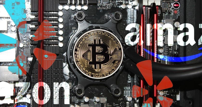 A bitcoin coin sits on a computer motherboard overlaid with partially visible Amazon and red arrow graphics.