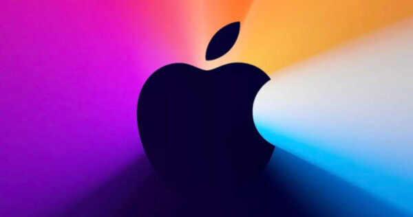 The black Apple logo is centered on a colorful gradient background with shades of pink, orange, yellow, and blue radiating outward.