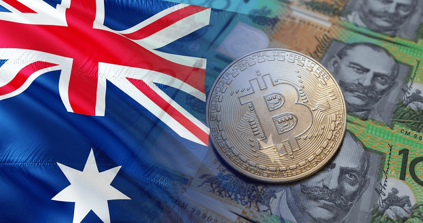 Australian flag, Bitcoin coin, and Australian banknotes are pictured together, symbolizing cryptocurrency and financial themes in Australia.