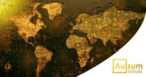 A vintage-style world map with a golden hue, featuring the Ausum Ventures logo in the bottom right corner.