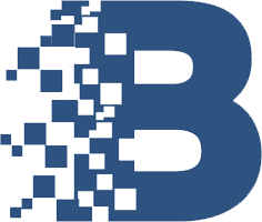 A large blue letter "B" with its left side dissolving into scattered blue and white squares, resembling a pixelated effect.