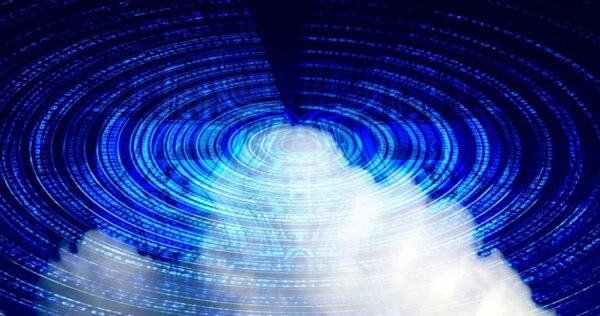 A digital cloud with concentric circles of binary code in blue, representing cloud computing or digital data transfer.