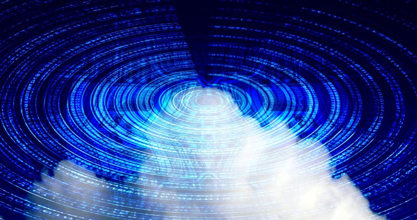 A digital cloud with concentric circles of binary code in blue, representing cloud computing or digital data transfer.