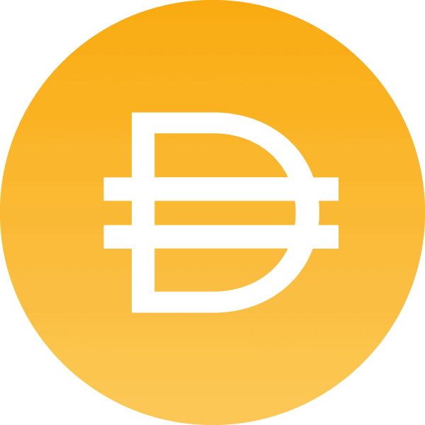 White Dai cryptocurrency logo with two horizontal lines across a curved "D" shape, centered on a circular orange-yellow gradient background.