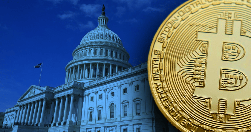 A large Bitcoin coin illustration is overlaid beside the U.S. Capitol building under a blue sky.