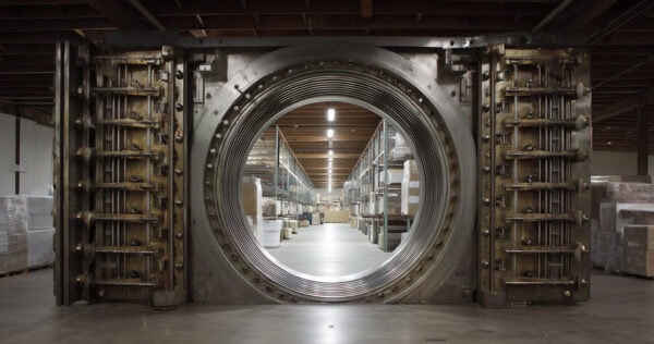 A large open bank vault door reveals a warehouse with shelves, boxes, and pallets visible inside.