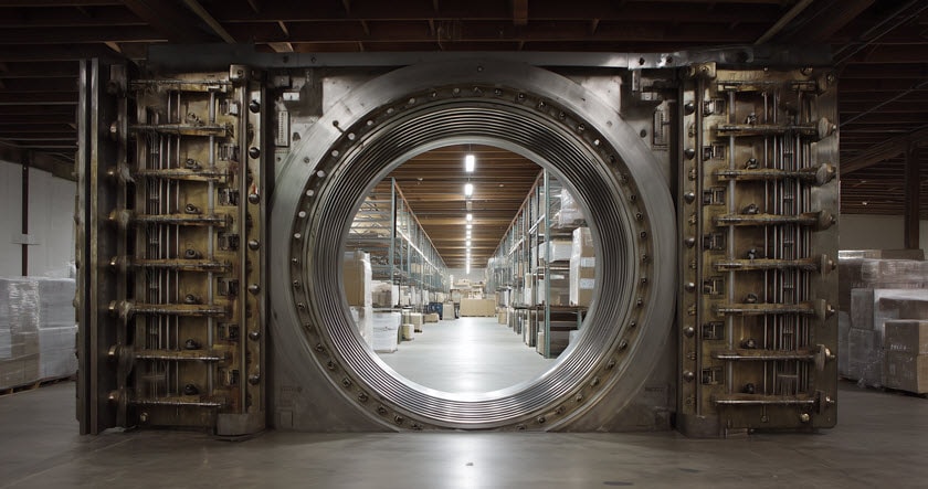 A large open bank vault door reveals a warehouse with shelves, boxes, and pallets visible inside.