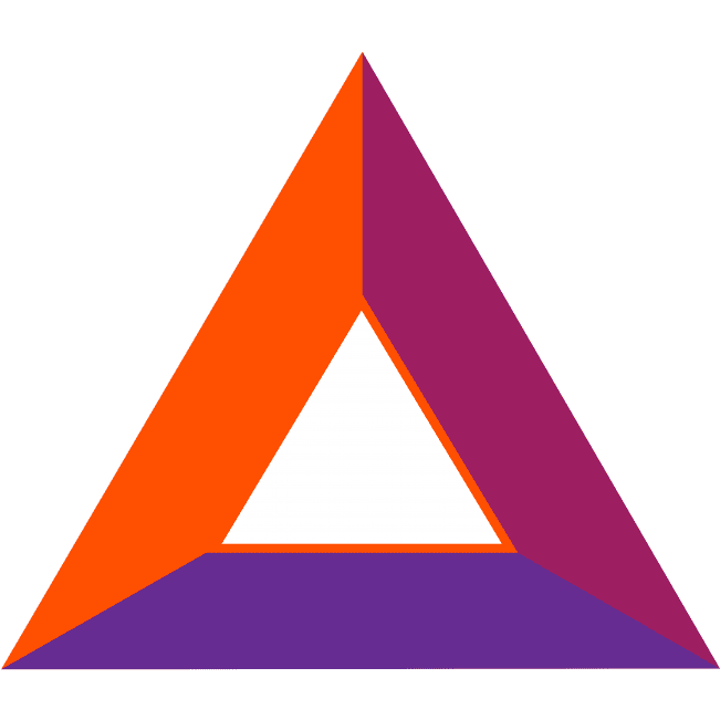 A triangular logo with orange, dark purple, and magenta sides, and a white triangle in the center.