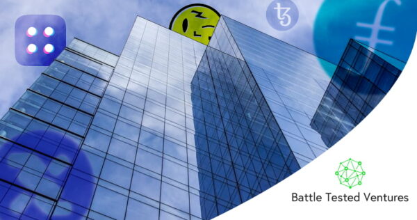 Glass office building viewed from below with various cryptocurrency and finance-related icons overlaid; “Battle Tested Ventures” logo and name at the bottom right.
