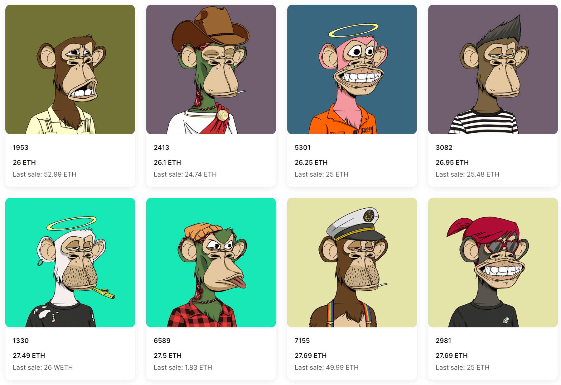 A grid of eight illustrated cartoon apes, each with different accessories and backgrounds, displayed with unique ID numbers and Ethereum sale prices below them. The apes have various expressions, outfits, and accessories.