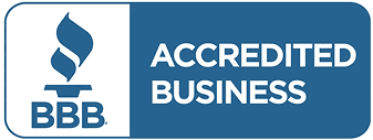 Blue and white badge featuring the BBB torch logo and the words "Accredited Business" indicating Better Business Bureau accreditation.