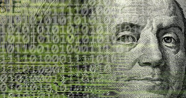 Close-up of Benjamin Franklin’s face on a US hundred-dollar bill overlaid with binary code and circuit board patterns, symbolizing digital finance or cryptocurrency.