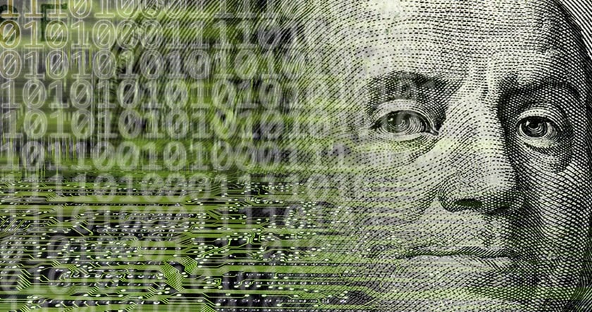 Close-up of Benjamin Franklin’s face on a US hundred-dollar bill overlaid with binary code and circuit board patterns, symbolizing digital finance or cryptocurrency.