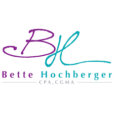 Logo with handwritten-style BH in purple and teal above the name Bette Hochberger in purple and teal text. Below, it reads CPA, CGMA in gray capital letters.
