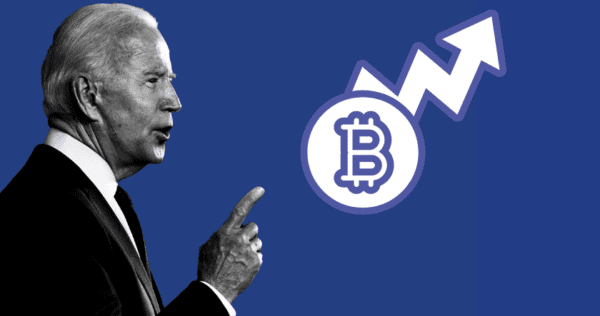 A person in a suit gestures beside a stylized Bitcoin symbol and an upward arrow, set against a blue background.