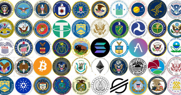 A grid showing various official U.S. government agency seals alongside cryptocurrency logos such as Bitcoin, Ethereum, Tether, Solana, Stellar, and Cardano.
