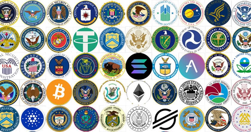 A grid showing various official U.S. government agency seals alongside cryptocurrency logos such as Bitcoin, Ethereum, Tether, Solana, Stellar, and Cardano.