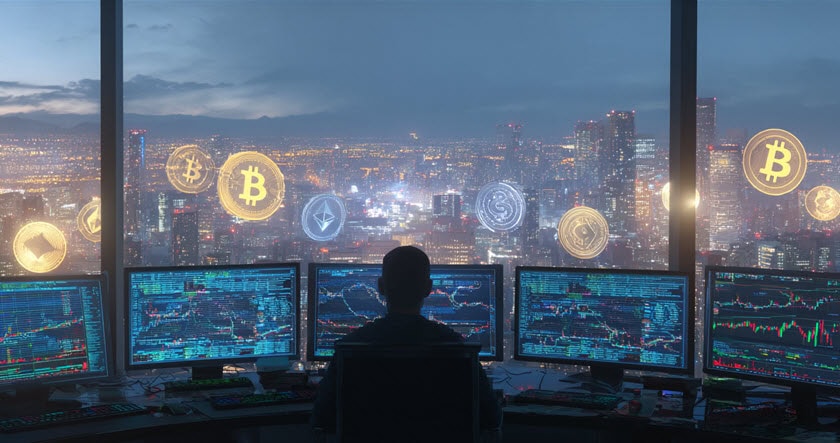 A person sits at a desk with multiple monitors displaying financial charts, overlooking a city skyline at night. Cryptocurrency symbols like Bitcoin and Ethereum float above the city.