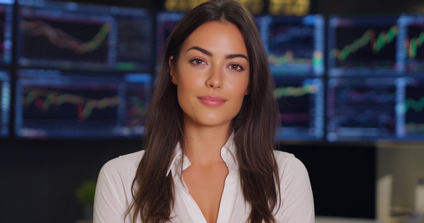 A woman with long dark hair and a white blouse stands in front of multiple monitors displaying colorful stock charts and financial data in an office setting.