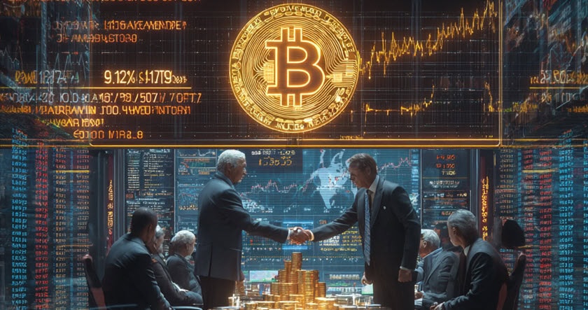 Two men in suits shake hands at a conference table surrounded by people, with Bitcoin symbols and digital financial data displayed on large screens in the background.