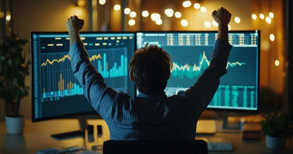 A person raises their arms in front of two monitors displaying financial charts and graphs, suggesting a successful outcome in a financial or trading environment.