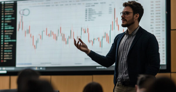 A man stands in front of a large screen displaying a financial chart, presenting information to an audience in a classroom or conference setting.