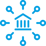 Blue icon of a government building in the center with lines connecting it to eight surrounding circles, symbolizing network or connectivity.